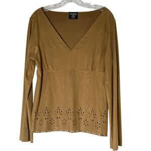 Polo Jeans Co Ralph Lauren Women's Long Sleeve Faux Suede V-NeckTop Size XL